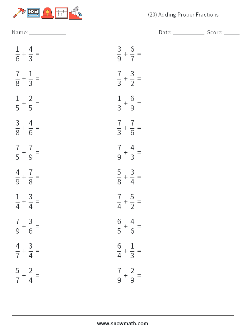 (20) Adding Proper Fractions Maths Worksheets 6