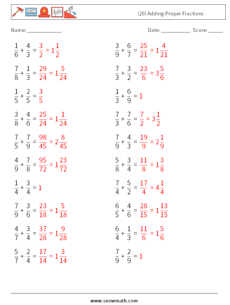 (20) Adding Proper Fractions Math Worksheets 6 Question, Answer