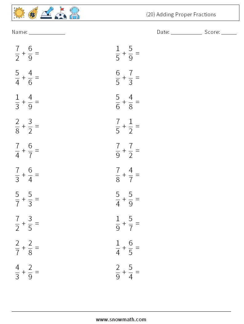 (20) Adding Proper Fractions Math Worksheets 7