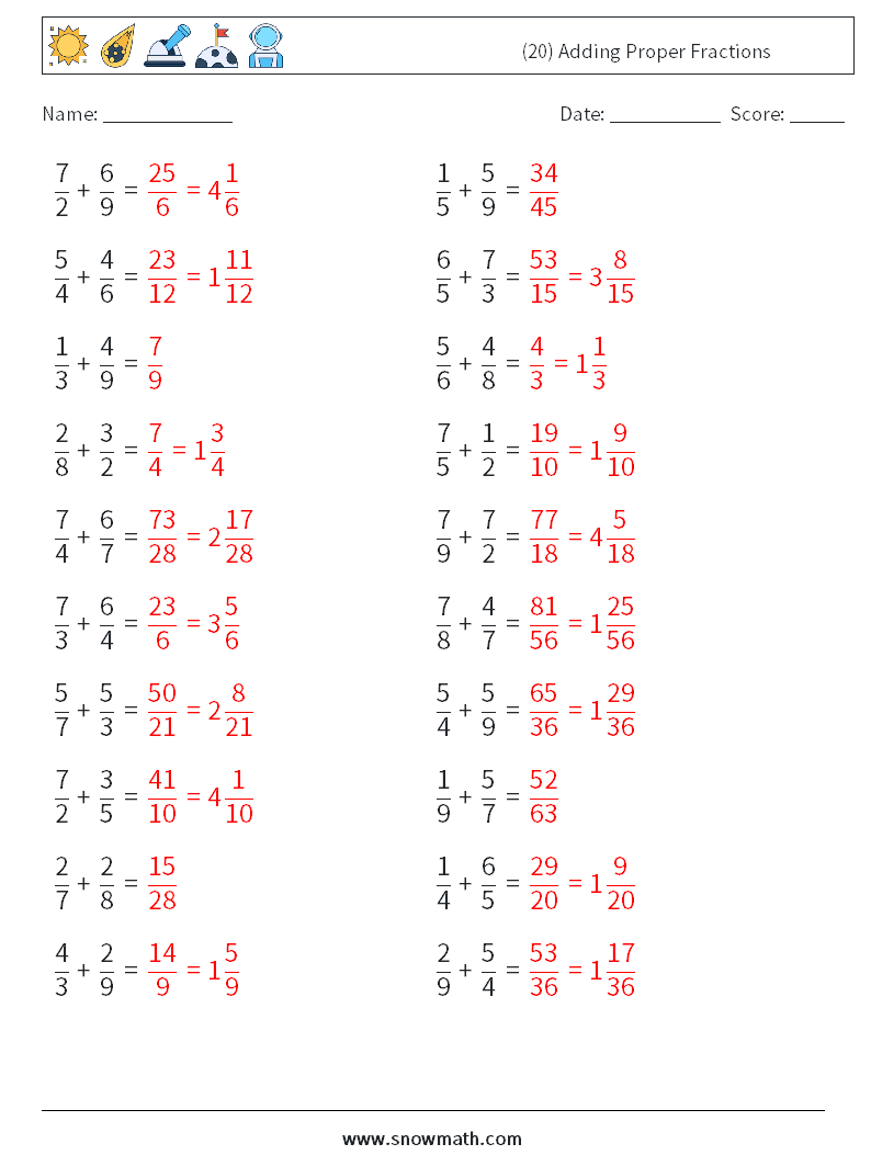 (20) Adding Proper Fractions Math Worksheets 7 Question, Answer