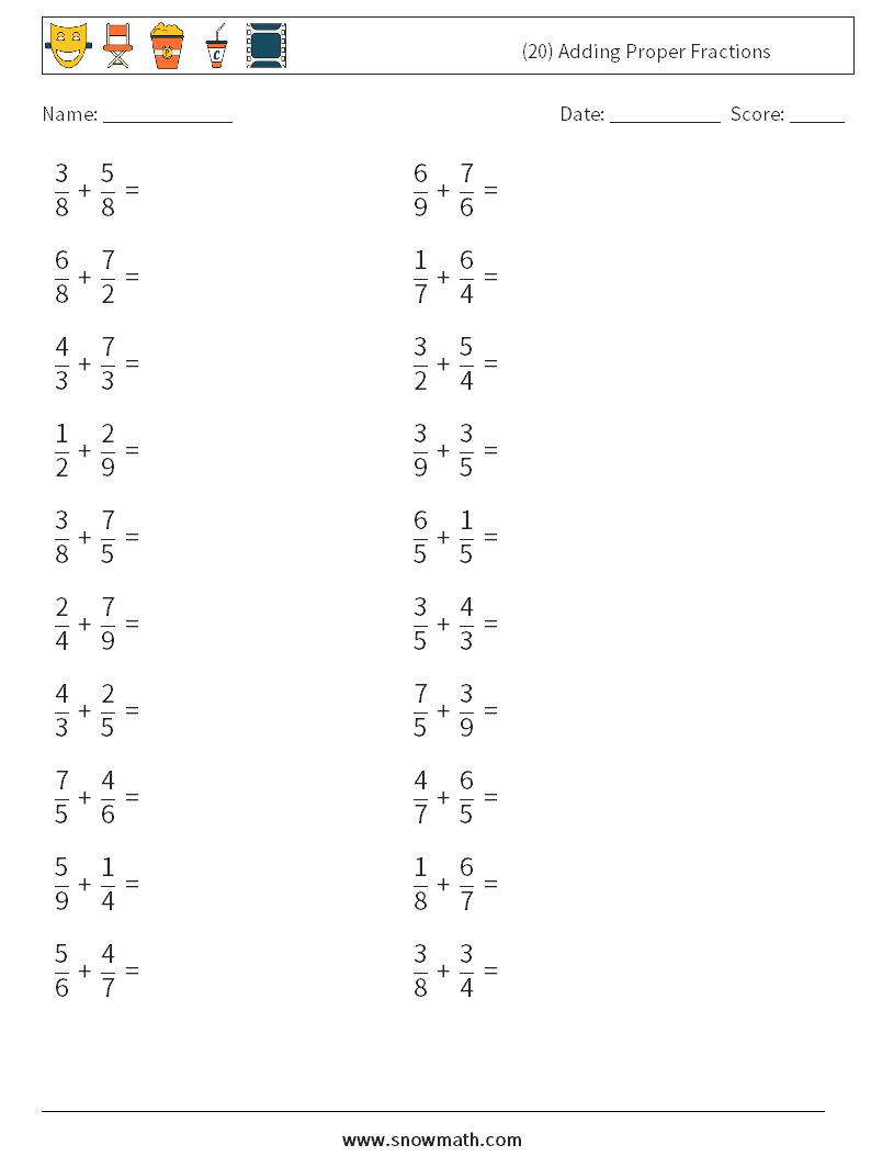 (20) Adding Proper Fractions Maths Worksheets 8