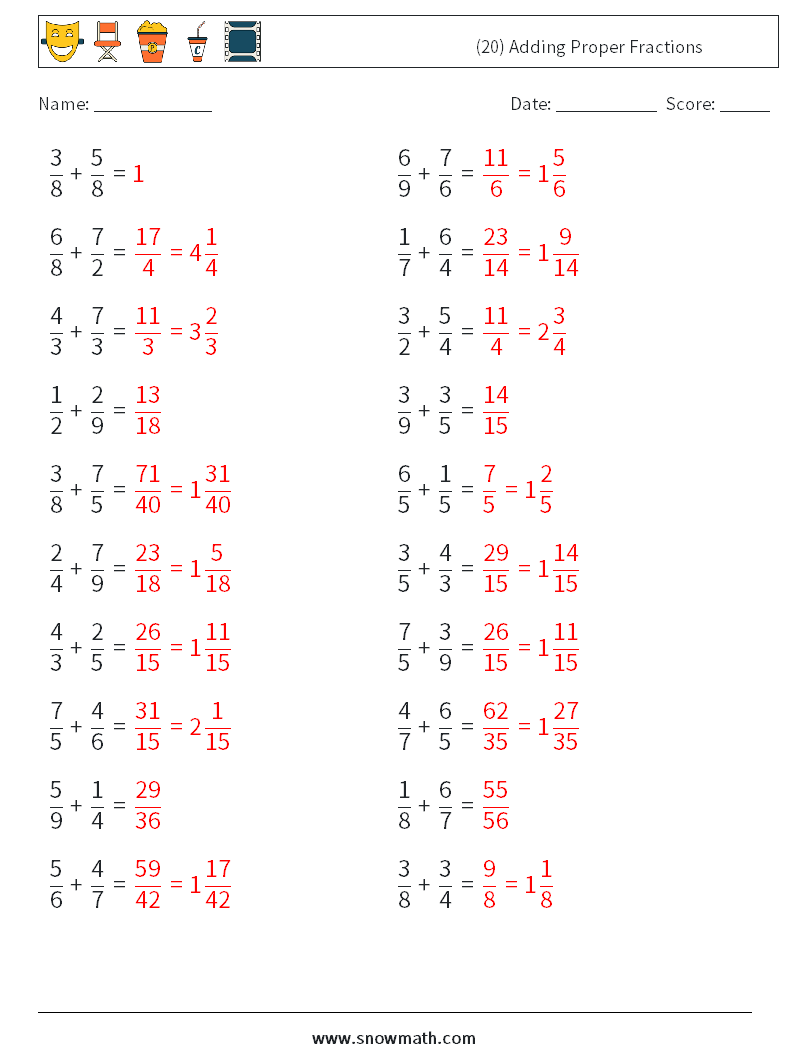 (20) Adding Proper Fractions Math Worksheets 8 Question, Answer