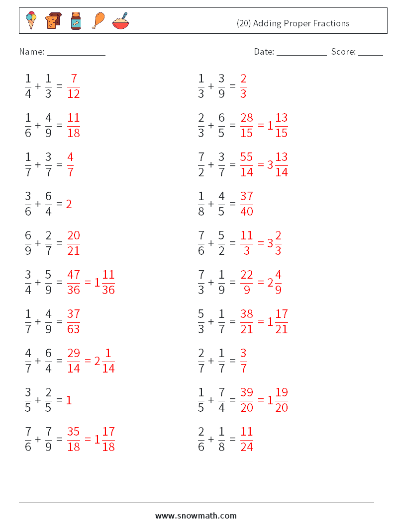 (20) Adding Proper Fractions Math Worksheets 9 Question, Answer