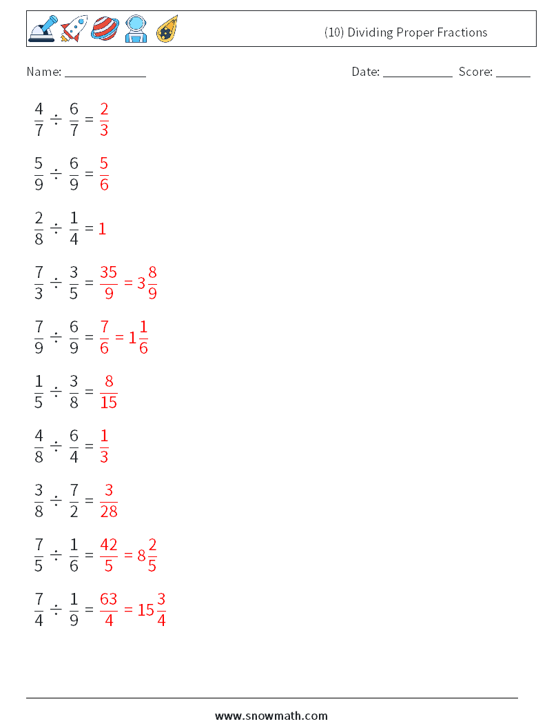 (10) Dividing Proper Fractions Math Worksheets 4 Question, Answer
