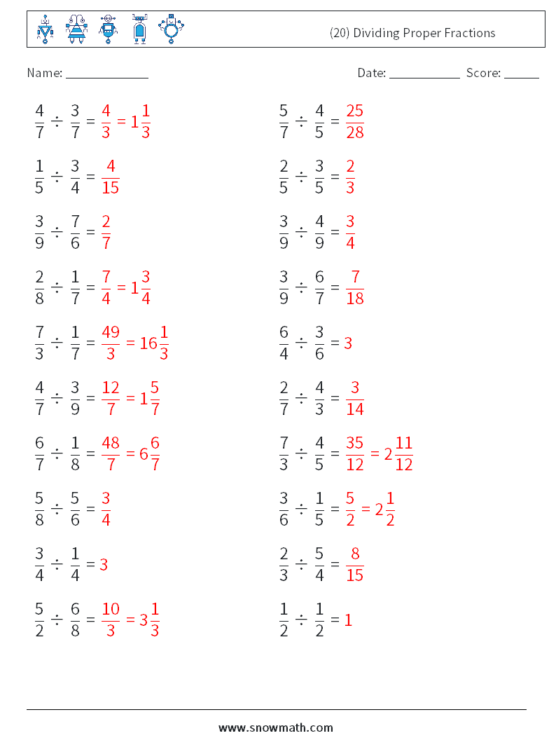 (20) Dividing Proper Fractions Math Worksheets 10 Question, Answer