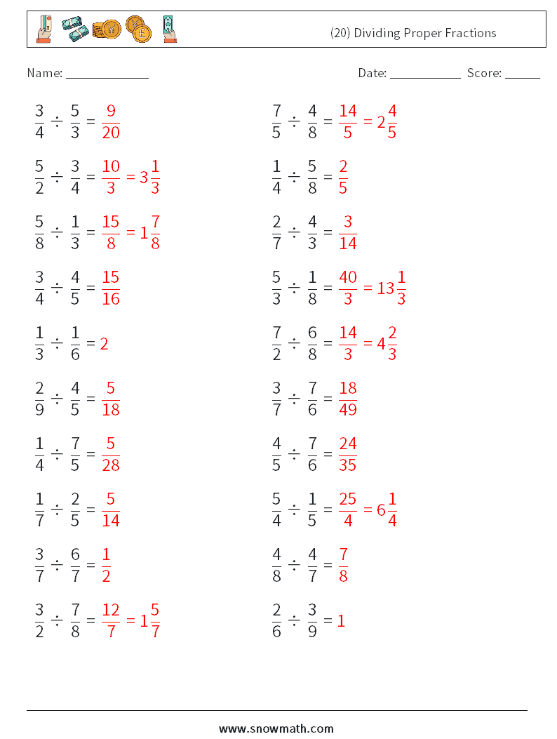 (20) Dividing Proper Fractions Math Worksheets 11 Question, Answer