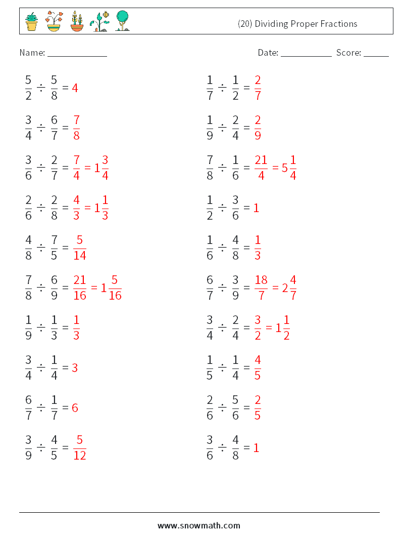 (20) Dividing Proper Fractions Math Worksheets 13 Question, Answer