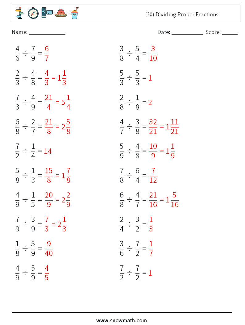 (20) Dividing Proper Fractions Math Worksheets 14 Question, Answer