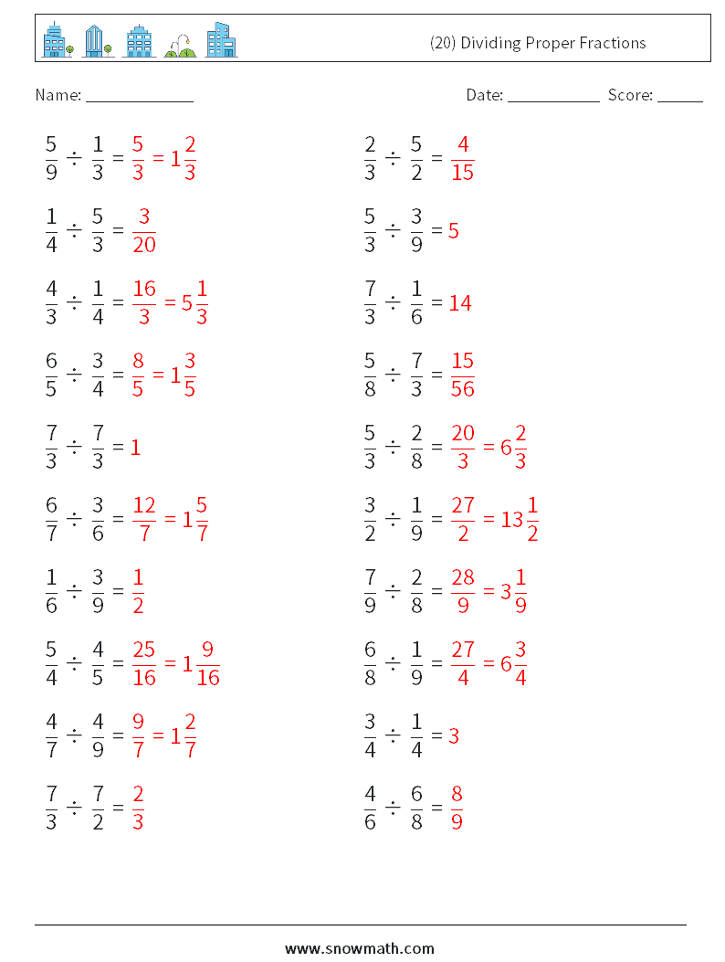 (20) Dividing Proper Fractions Math Worksheets 18 Question, Answer