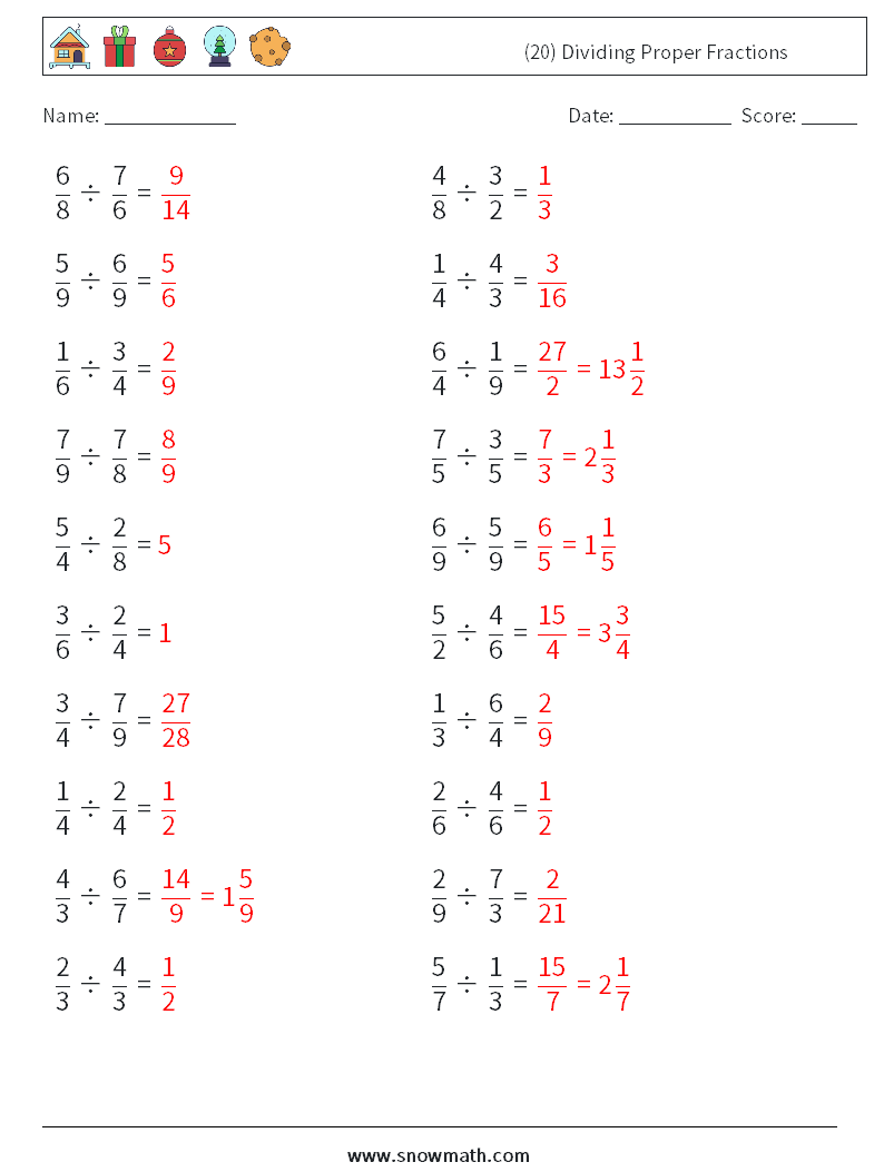 (20) Dividing Proper Fractions Math Worksheets 1 Question, Answer