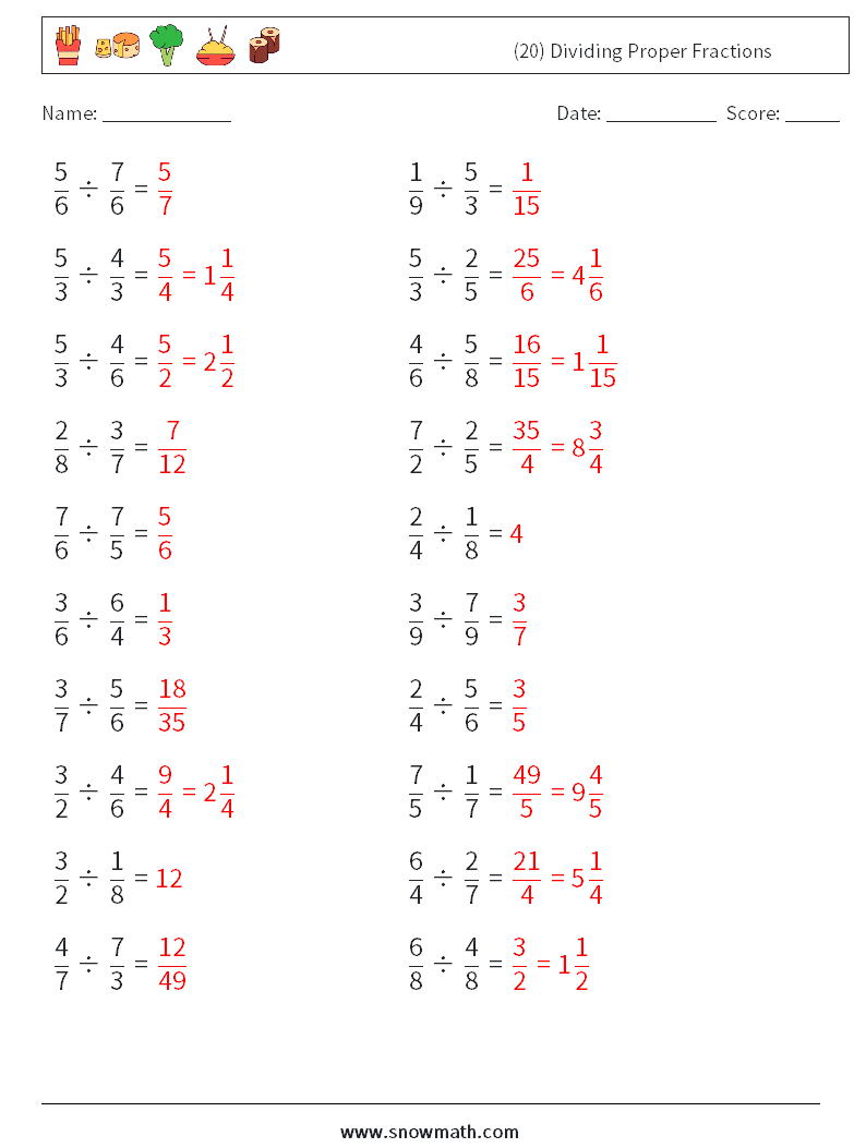 (20) Dividing Proper Fractions Math Worksheets 2 Question, Answer