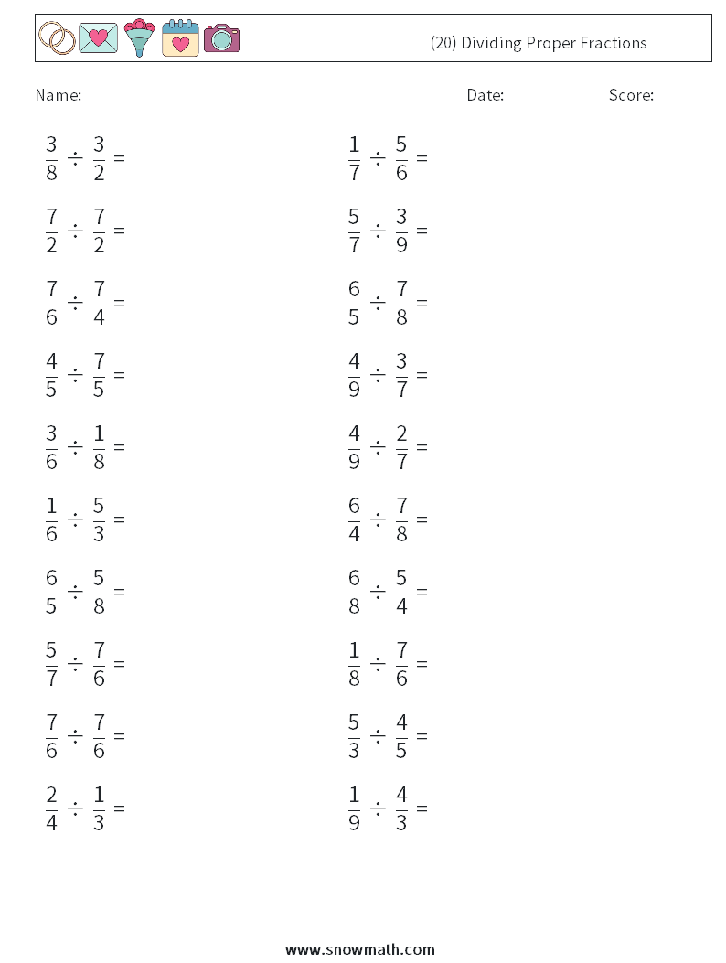 (20) Dividing Proper Fractions Math Worksheets 4