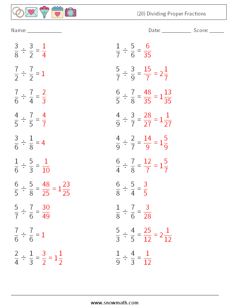 (20) Dividing Proper Fractions Math Worksheets 4 Question, Answer