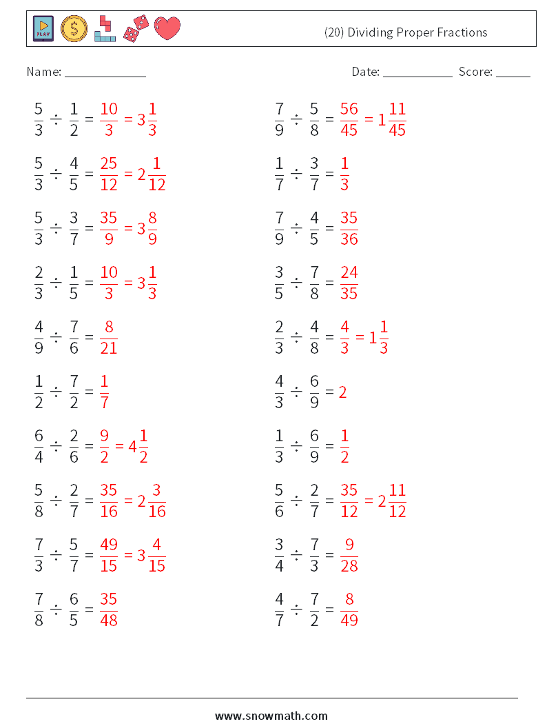 (20) Dividing Proper Fractions Math Worksheets 7 Question, Answer