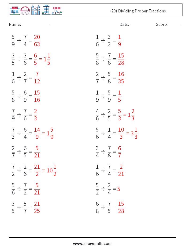 (20) Dividing Proper Fractions Math Worksheets 8 Question, Answer