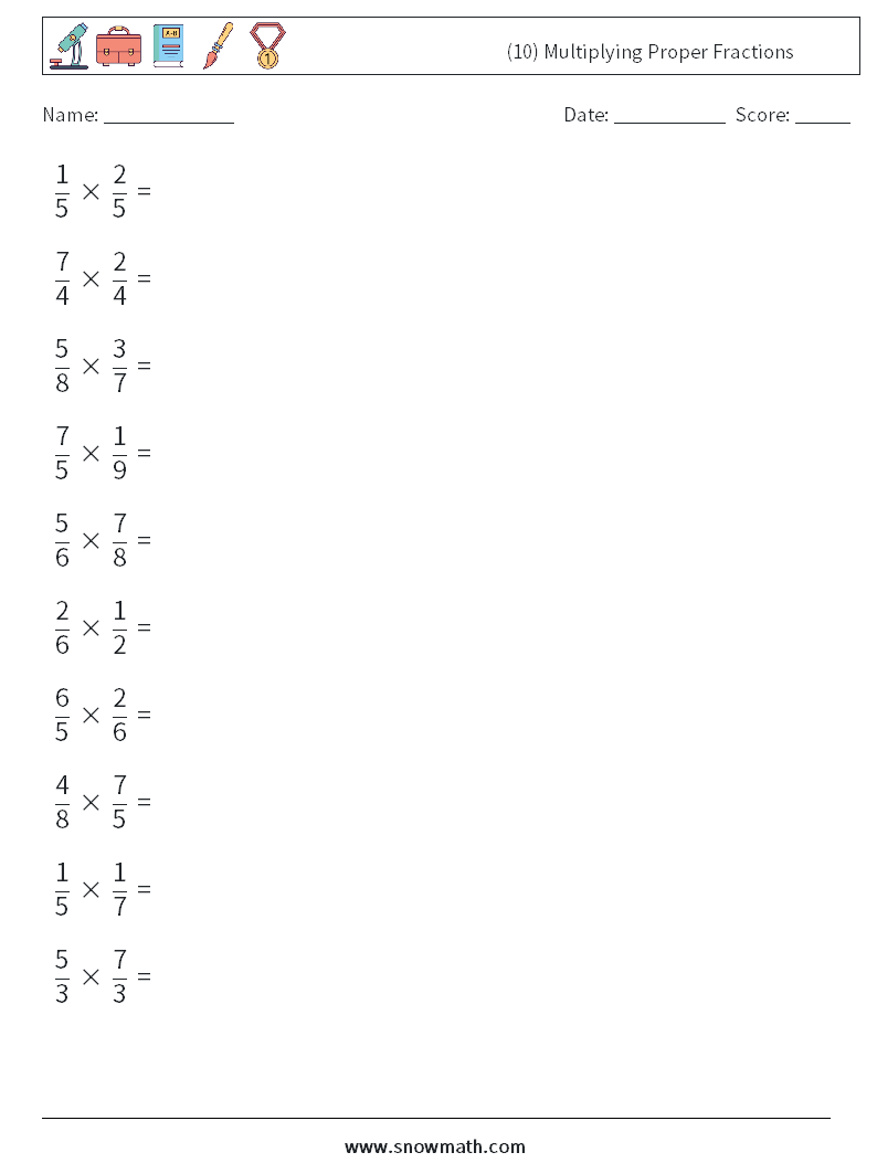 (10) Multiplying Proper Fractions Math Worksheets 12