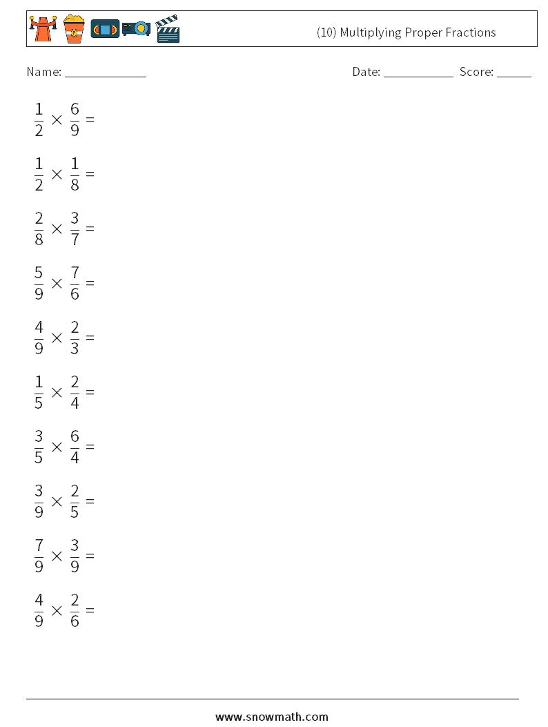(10) Multiplying Proper Fractions Math Worksheets 14