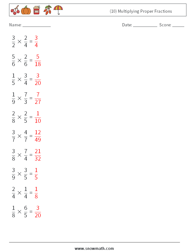 (10) Multiplying Proper Fractions Math Worksheets 18 Question, Answer