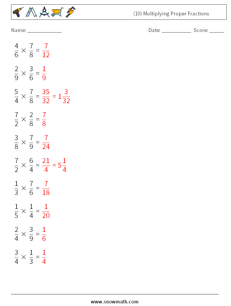(10) Multiplying Proper Fractions Math Worksheets 1 Question, Answer