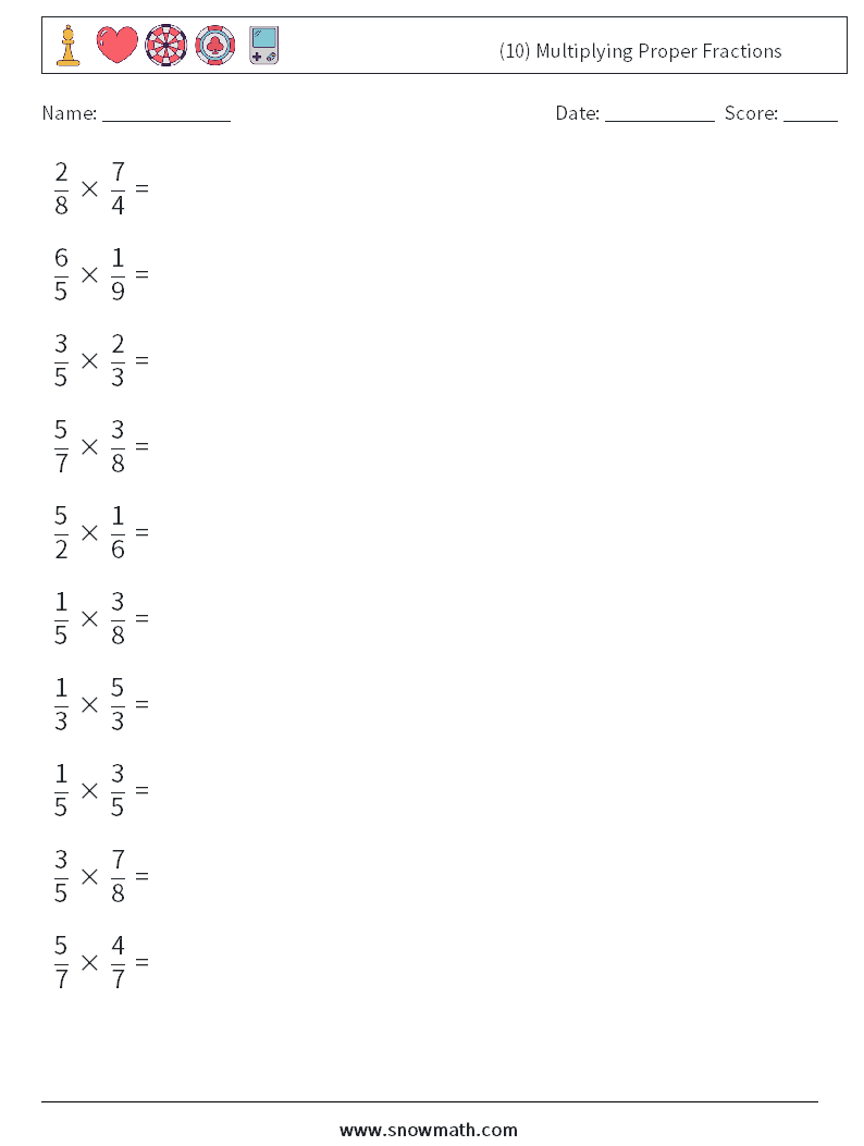 (10) Multiplying Proper Fractions Math Worksheets 2