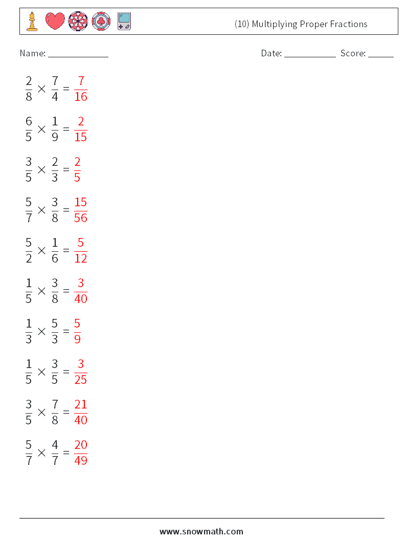 (10) Multiplying Proper Fractions Math Worksheets 2 Question, Answer