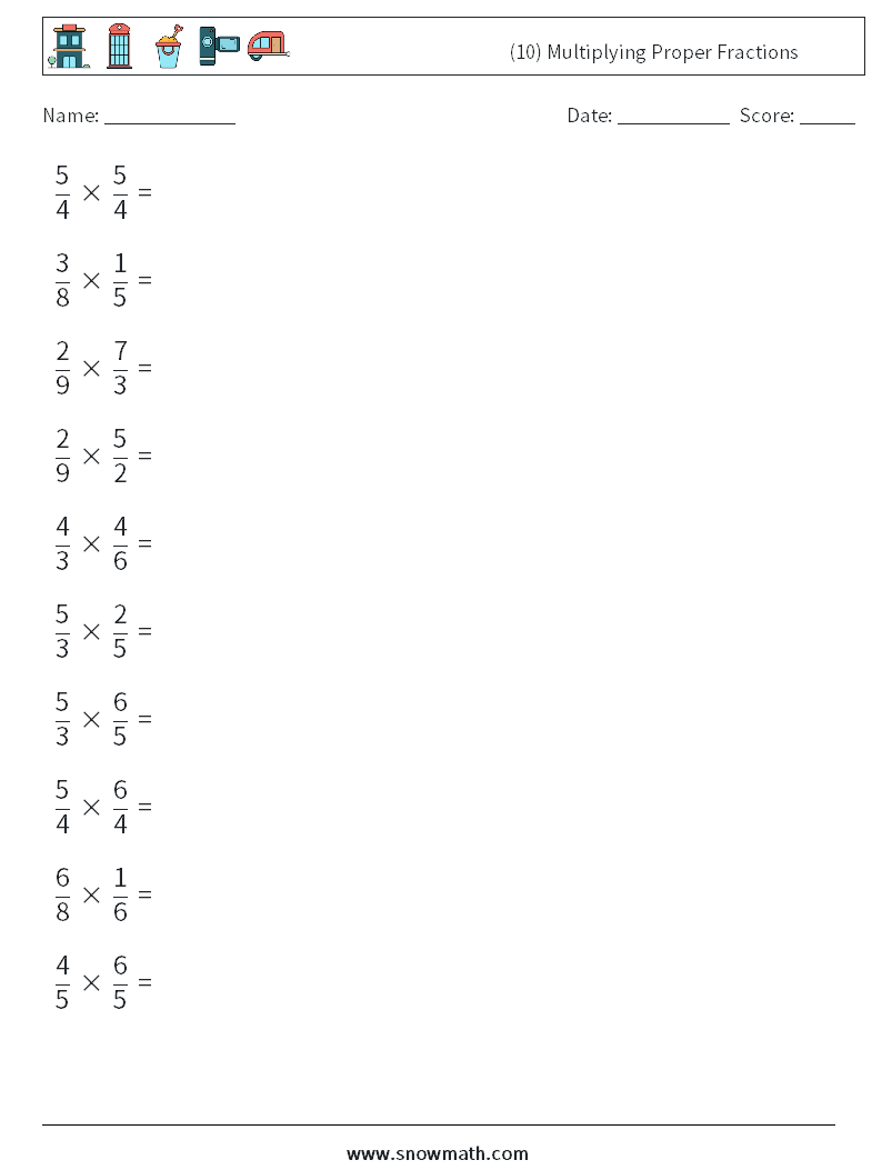 (10) Multiplying Proper Fractions Math Worksheets 4