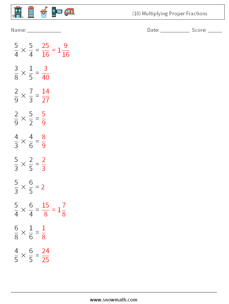 (10) Multiplying Proper Fractions Math Worksheets 4 Question, Answer