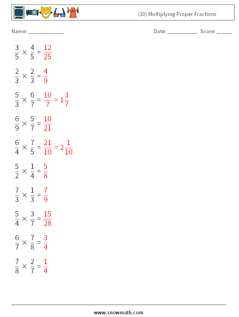 (10) Multiplying Proper Fractions Math Worksheets 5 Question, Answer