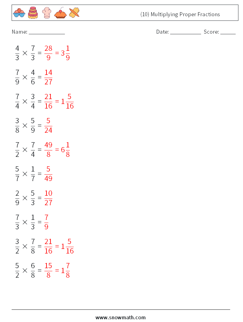 (10) Multiplying Proper Fractions Math Worksheets 6 Question, Answer