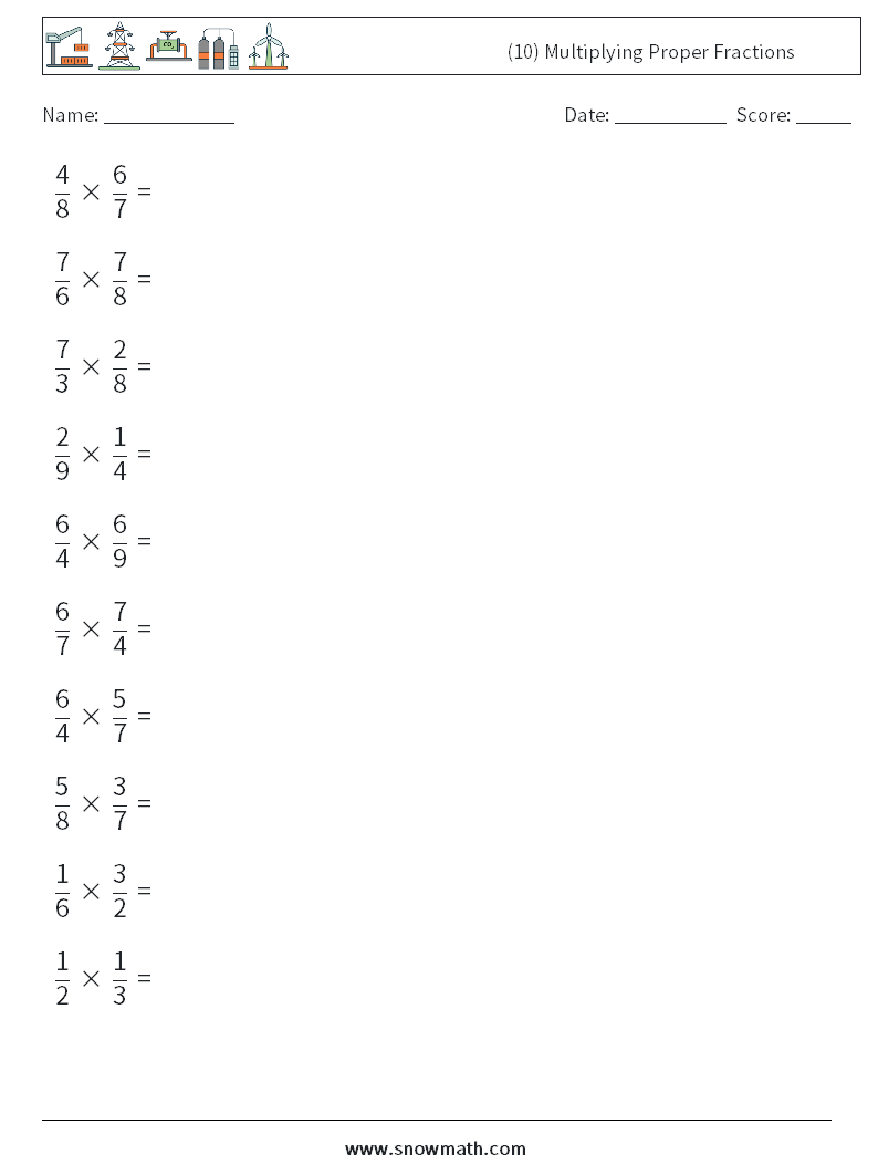 (10) Multiplying Proper Fractions Math Worksheets 7