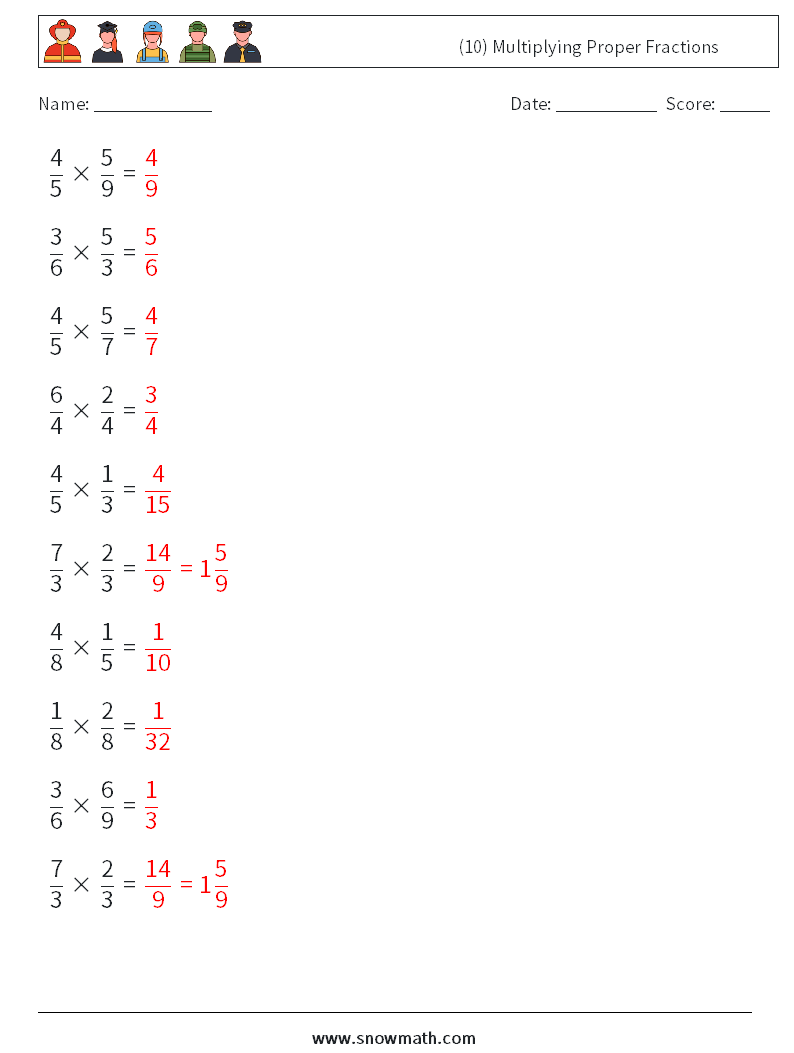 (10) Multiplying Proper Fractions Math Worksheets 9 Question, Answer