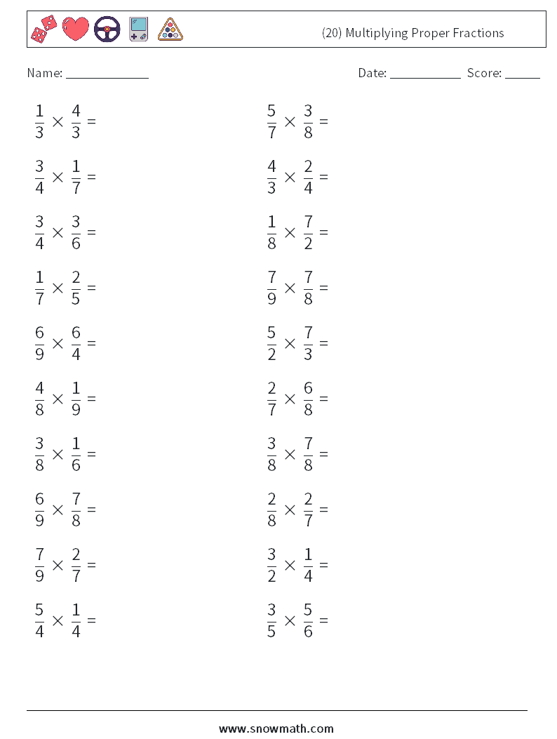 (20) Multiplying Proper Fractions Math Worksheets 10