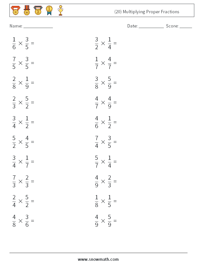 (20) Multiplying Proper Fractions Math Worksheets 11