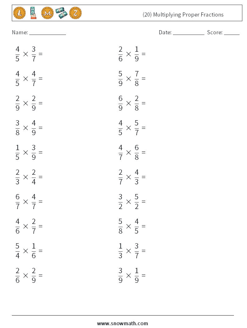 (20) Multiplying Proper Fractions Math Worksheets 13
