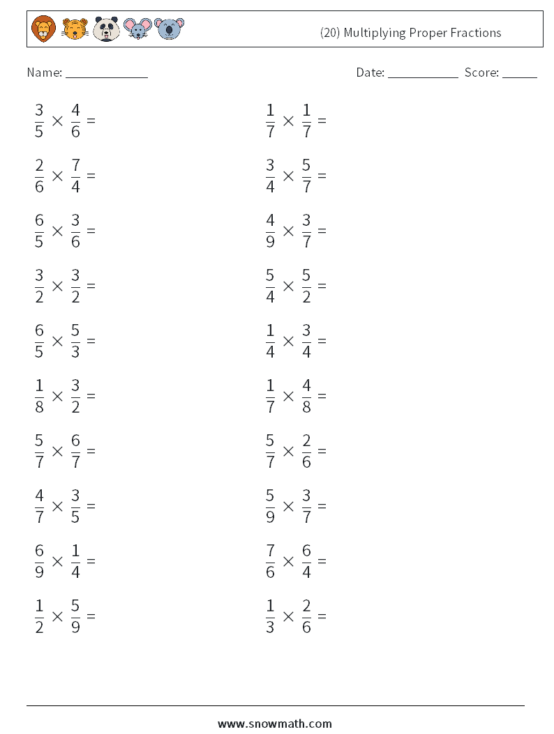 (20) Multiplying Proper Fractions Math Worksheets 14