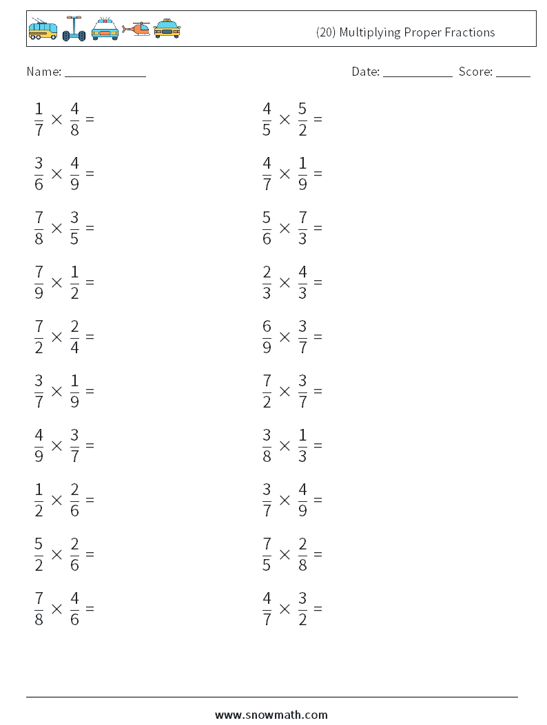 (20) Multiplying Proper Fractions Math Worksheets 18