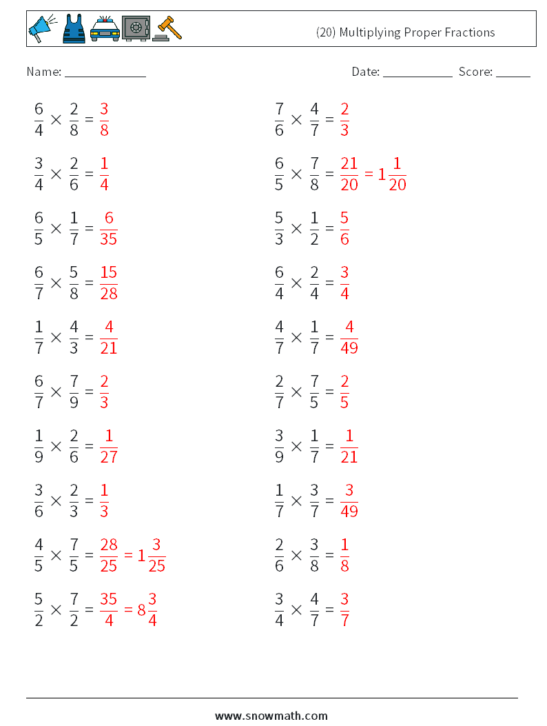 (20) Multiplying Proper Fractions Math Worksheets 1 Question, Answer
