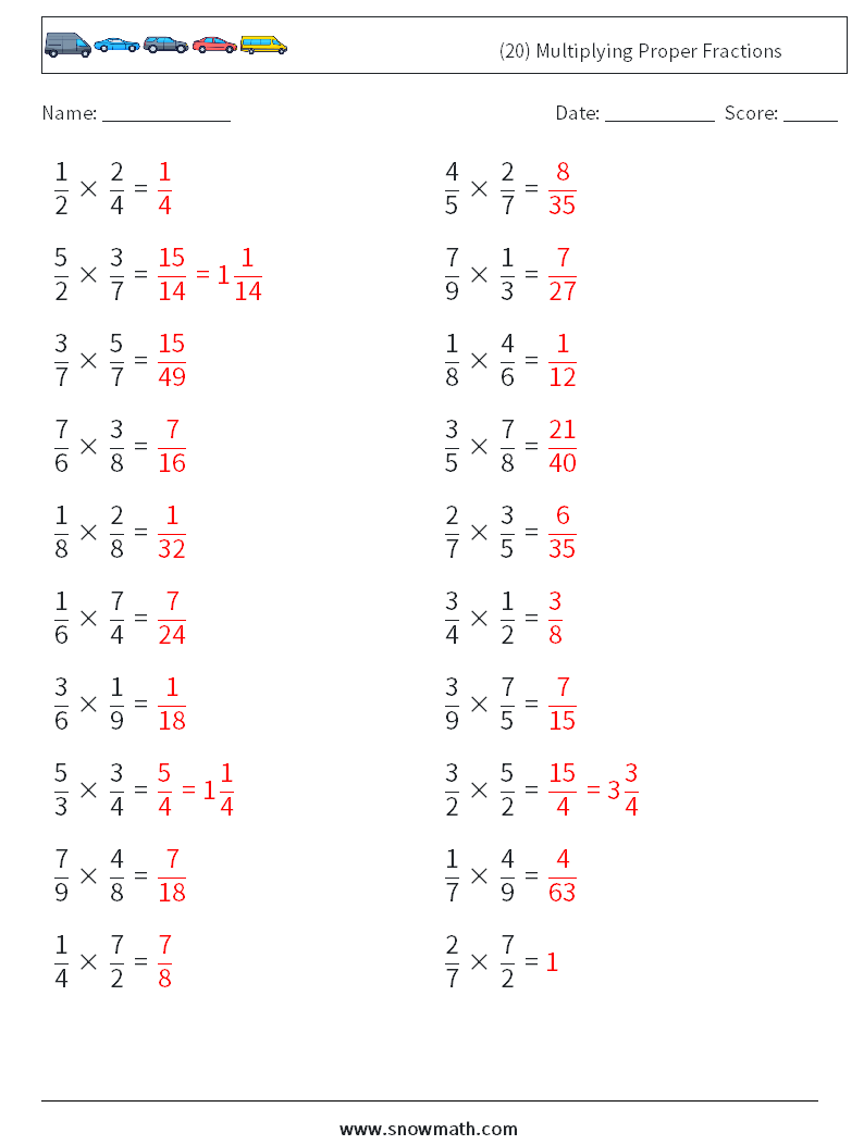 (20) Multiplying Proper Fractions Math Worksheets 2 Question, Answer