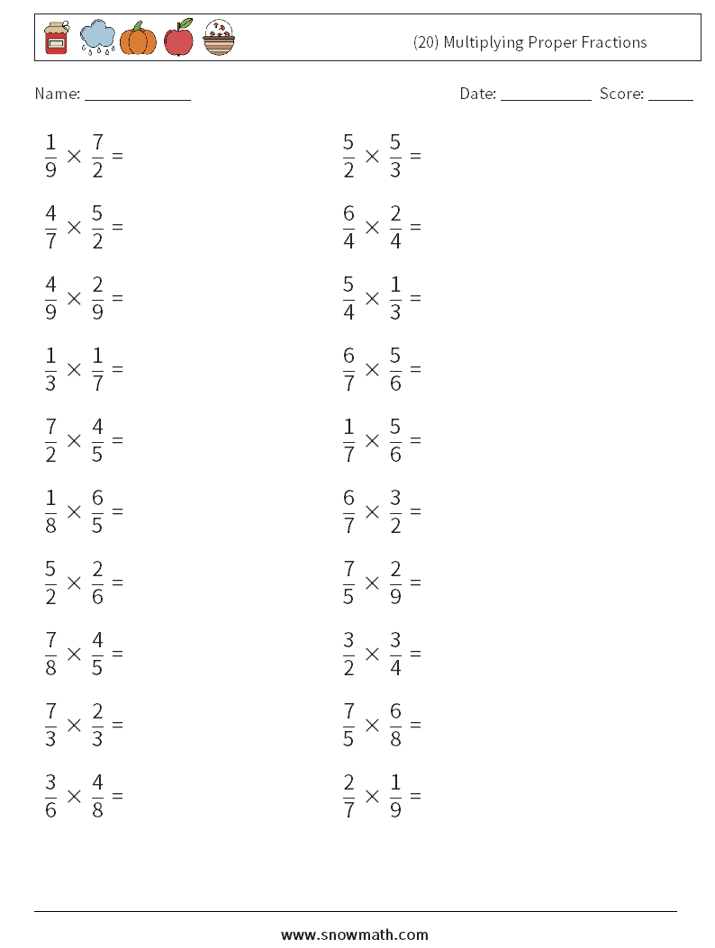 (20) Multiplying Proper Fractions Math Worksheets 3