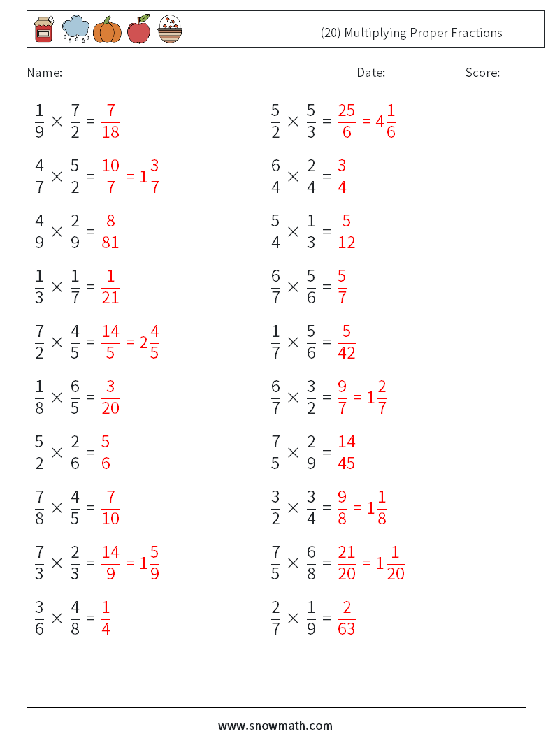 (20) Multiplying Proper Fractions Math Worksheets 3 Question, Answer