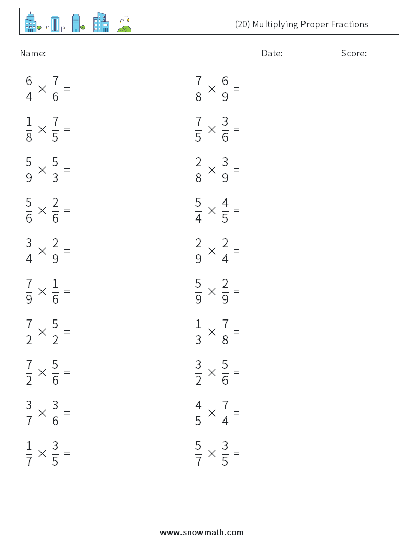 (20) Multiplying Proper Fractions Math Worksheets 4