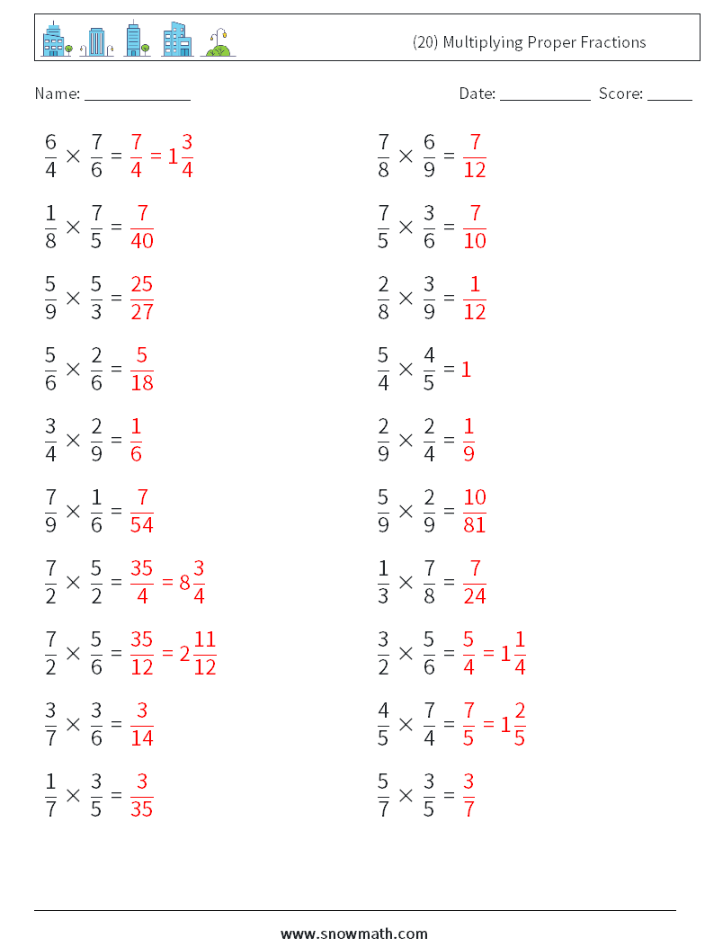 (20) Multiplying Proper Fractions Math Worksheets 4 Question, Answer