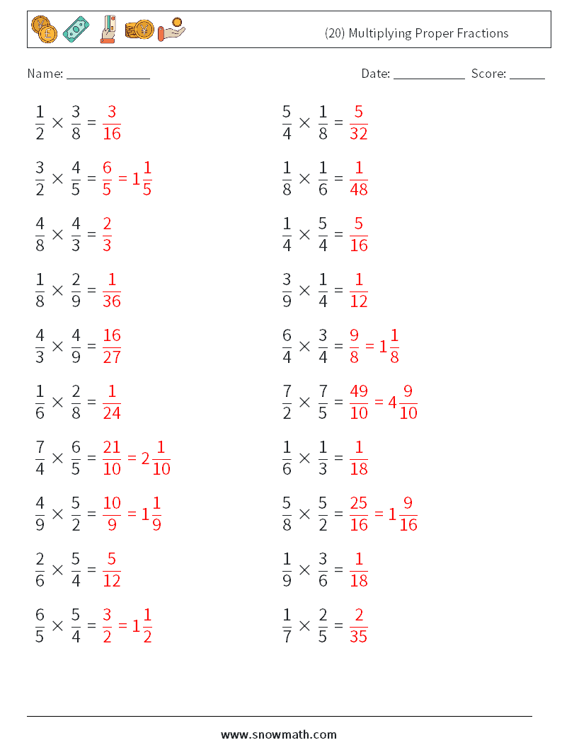 (20) Multiplying Proper Fractions Math Worksheets 5 Question, Answer