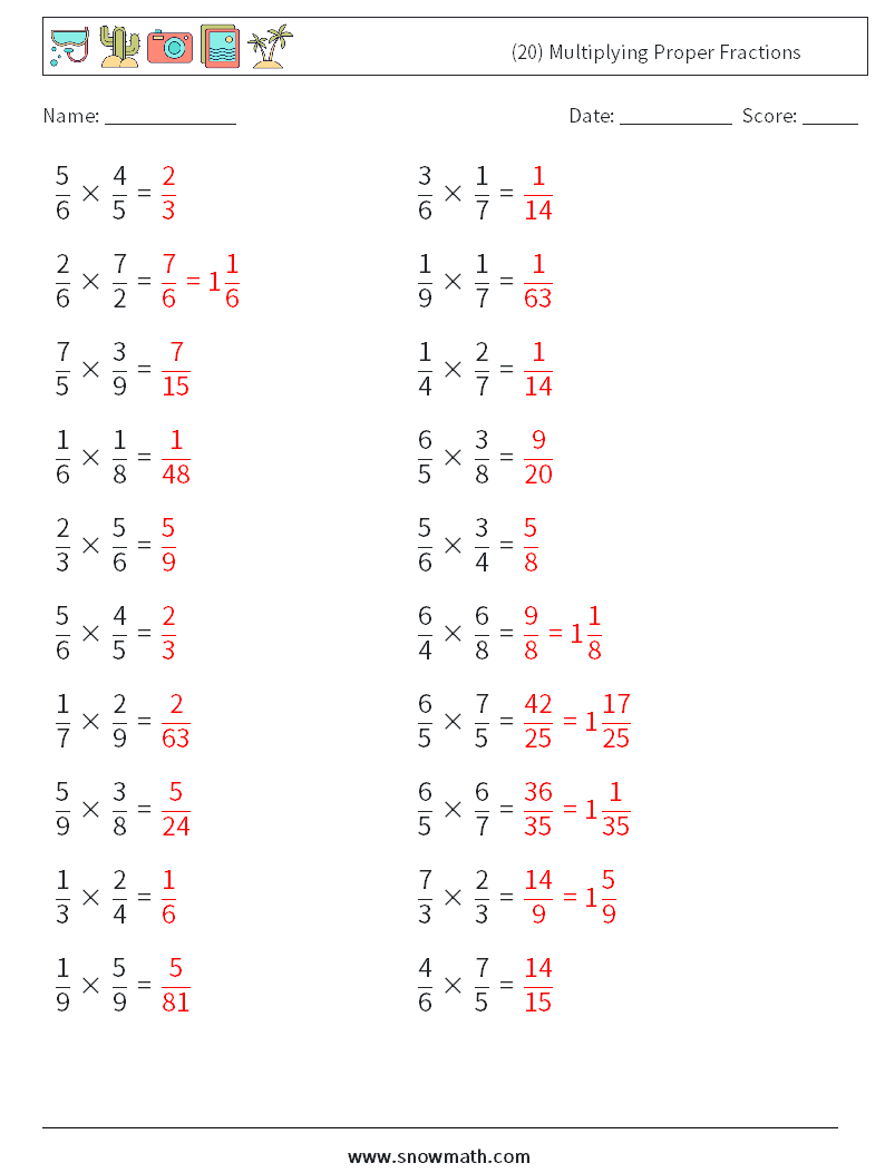 (20) Multiplying Proper Fractions Math Worksheets 6 Question, Answer