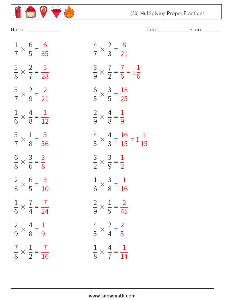 (20) Multiplying Proper Fractions Math Worksheets 7 Question, Answer