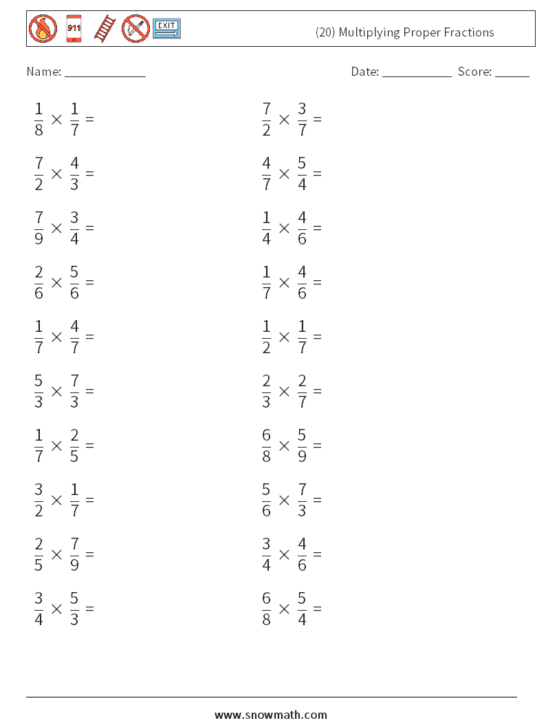(20) Multiplying Proper Fractions Math Worksheets 8