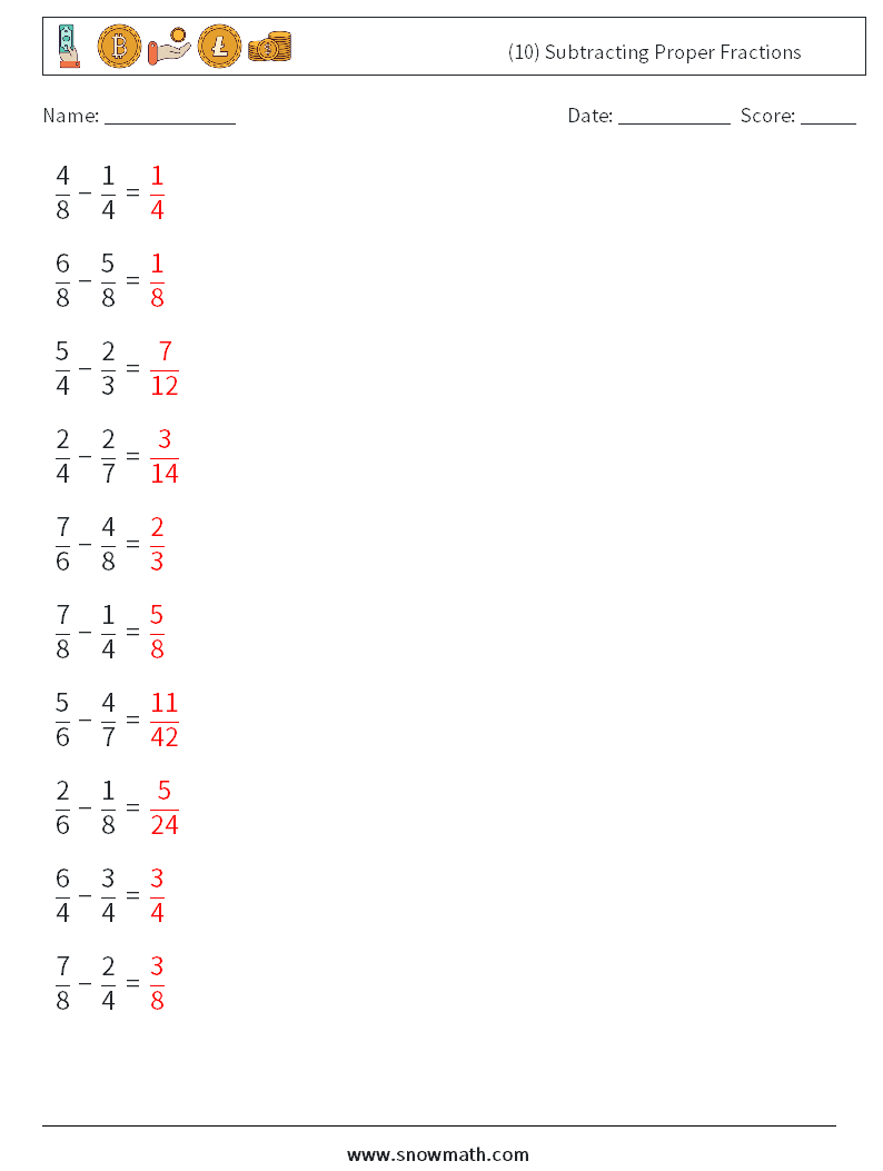 (10) Subtracting Proper Fractions Math Worksheets 10 Question, Answer