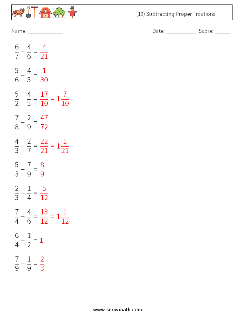 (10) Subtracting Proper Fractions Math Worksheets 11 Question, Answer