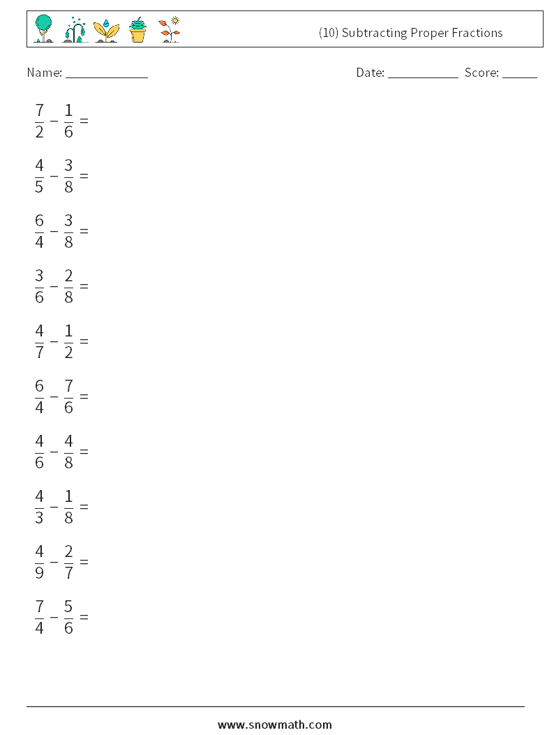 (10) Subtracting Proper Fractions Math Worksheets 12