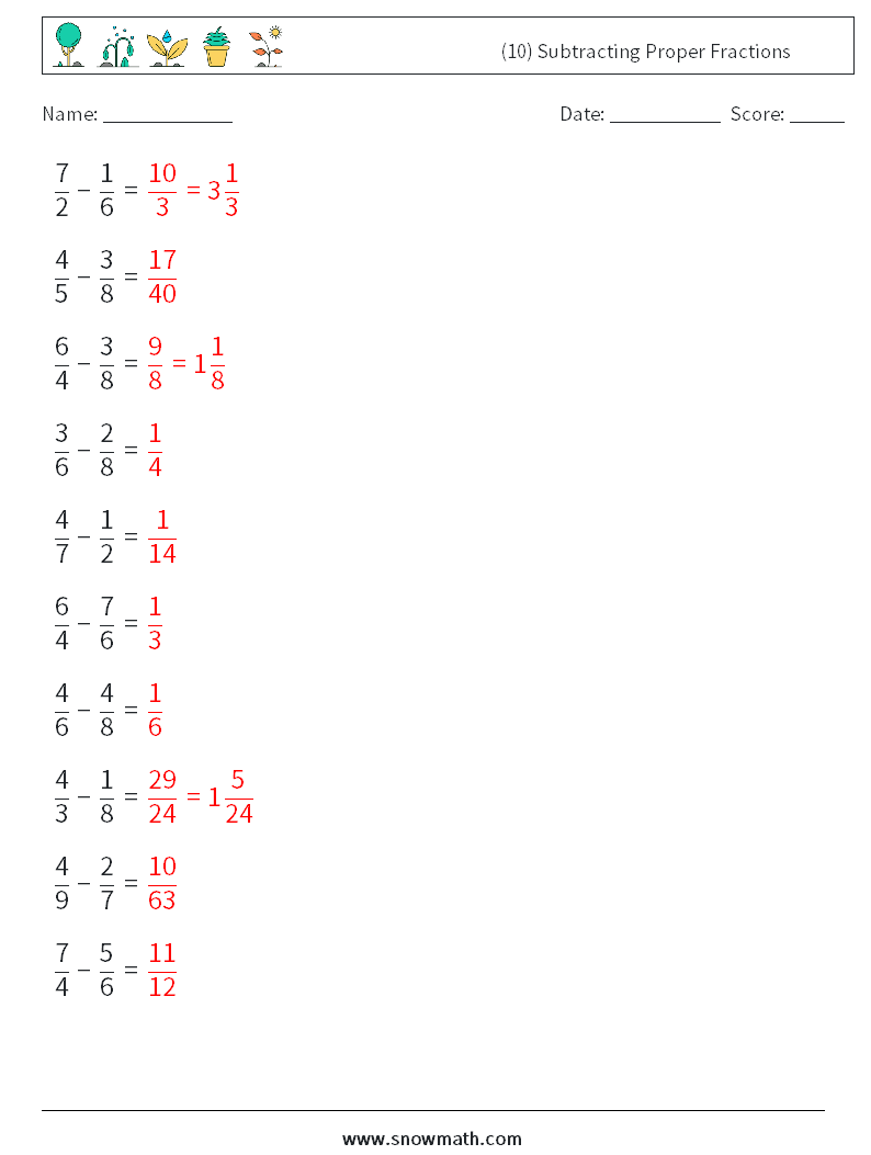 (10) Subtracting Proper Fractions Math Worksheets 12 Question, Answer